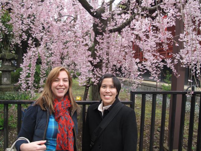 Sally and I pose in front of a tree laden with cherry blossoms in Ueno Park