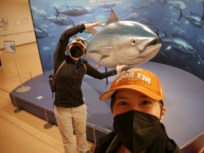 Posing with a giant fish at Toyosu Market