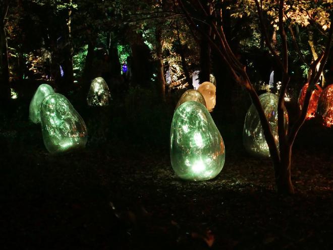 A copse of egg-shaped sculptures in the woods of Nagai Park that change color.