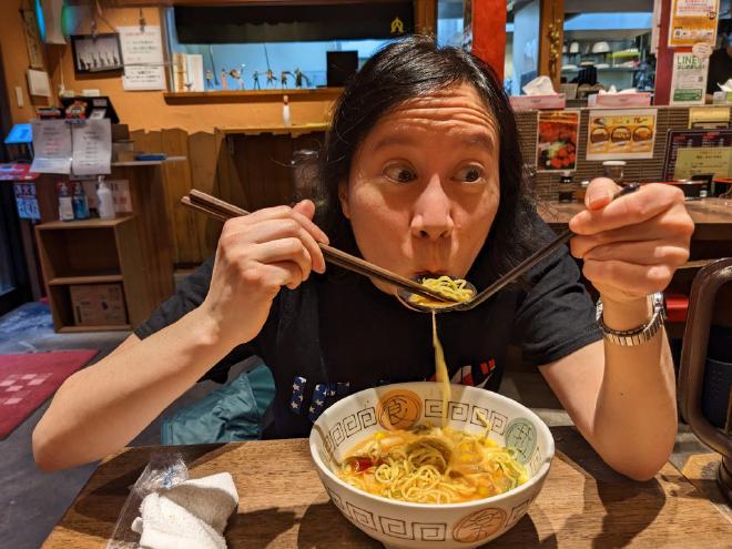 Van eats a big bowl of ramen