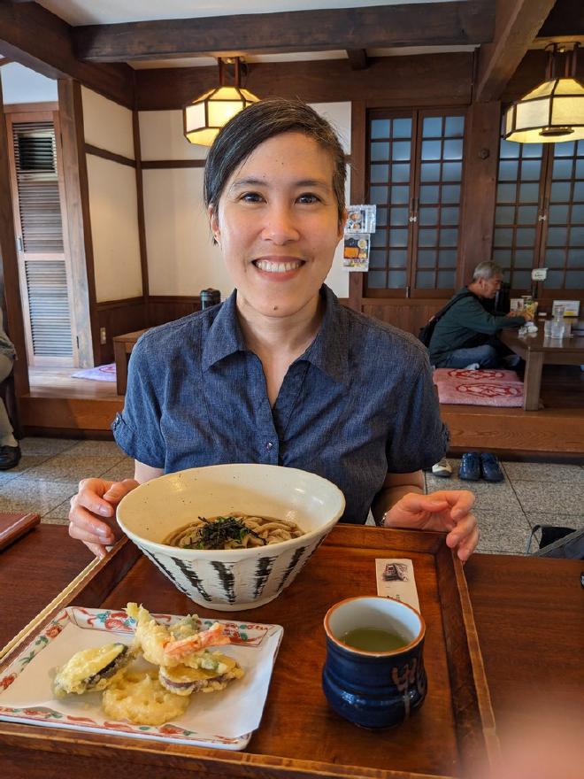 I pose with my bowl of udon and tempura.